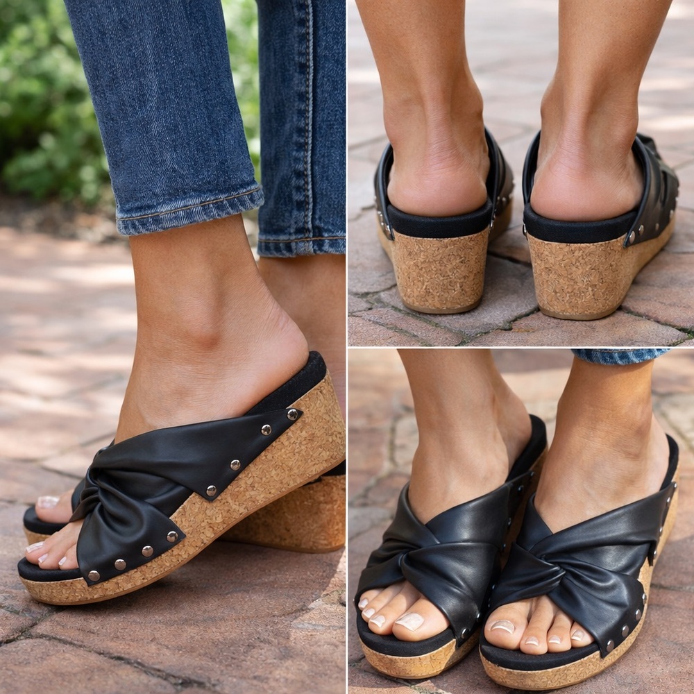 Boutique by Corkys Black Cork Platform Slides Sandals Women’s 9
